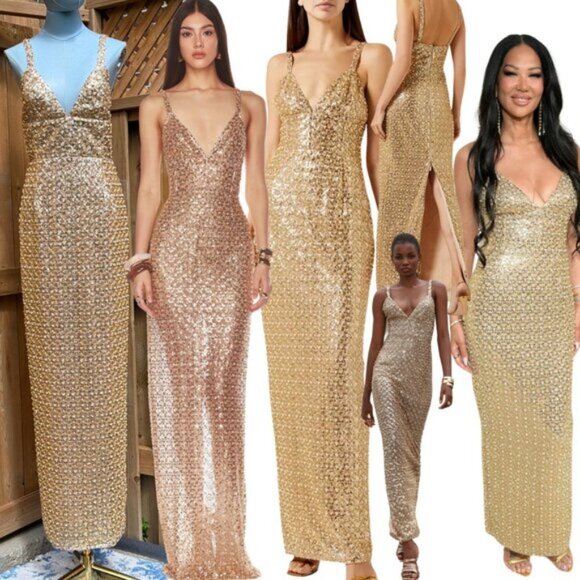🆕 BRONX & BANCO 🧿 NWOT Allegra Gold Sequin & Beaded Maxi Dress, Sz M US 6 - Picture 1 of 16